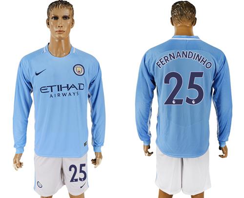 Manchester City #25 Fernandinho Home Long Sleeves Soccer Club Jersey - Click Image to Close